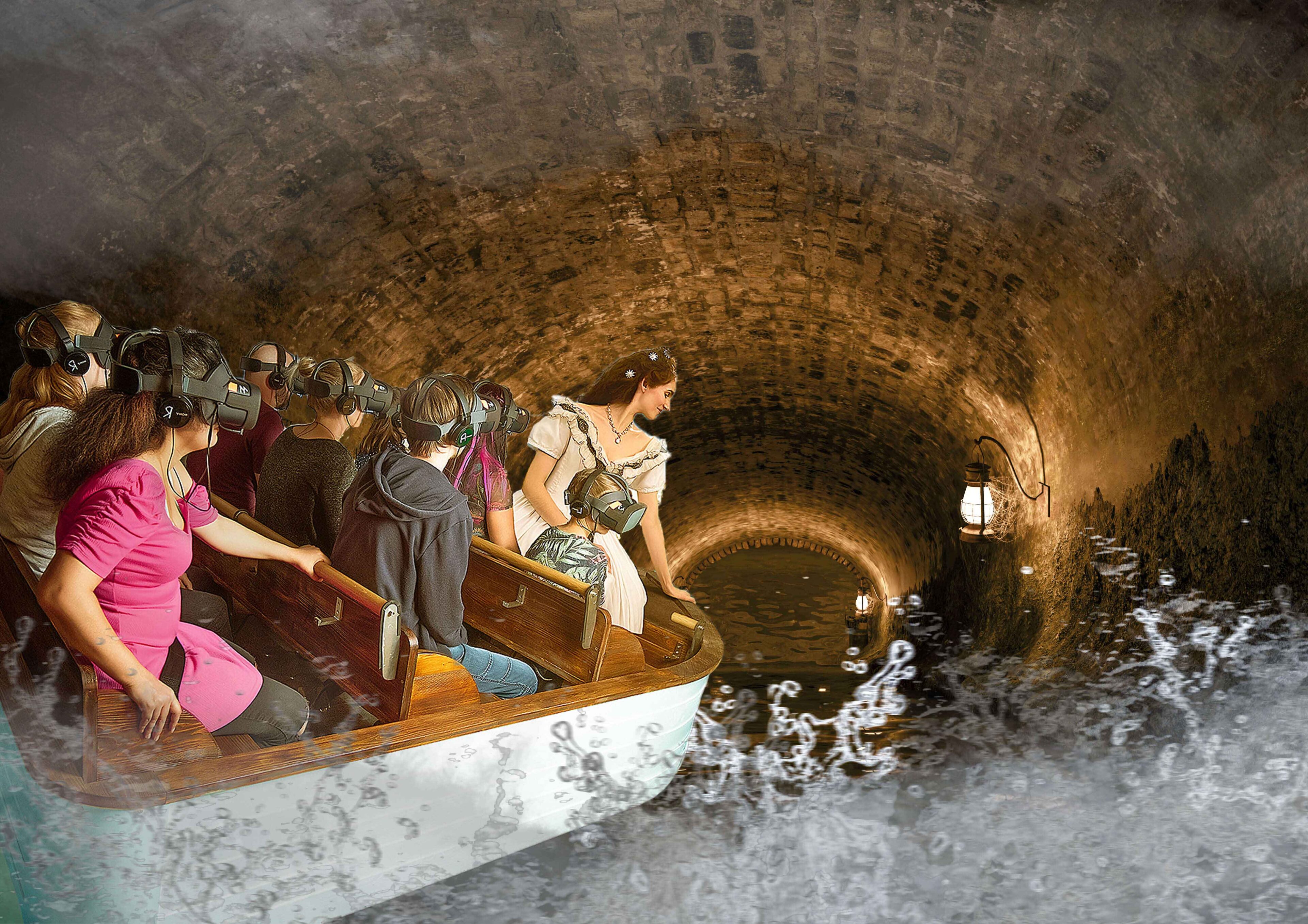 A group of people with virtual reality headsets sit in a boat in a dark stone tunnel in which the water ripples; a woman in historical clothing looks ahead.