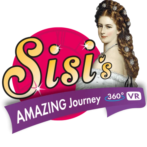 Logo für „Sisi’s Amazing Journey 360° VR“ mit einem stilisierten Porträt einer Frau mit braunem Haar und dekorativem Kopfschmuck, neben fettem, buntem Text und einem VR-Symbol.