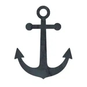 这是一个简单的黑色船锚轮廓,顶部有一个圆环,底部有一个笔直的轴和两个向外弯曲的尖头锚鳍。