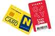Dos tarjetas: una Niederösterreich-CARD amarilla con chip y logotipo N azul y una Vienna City Card roja de 24 horas con letras blancas y código de barras.