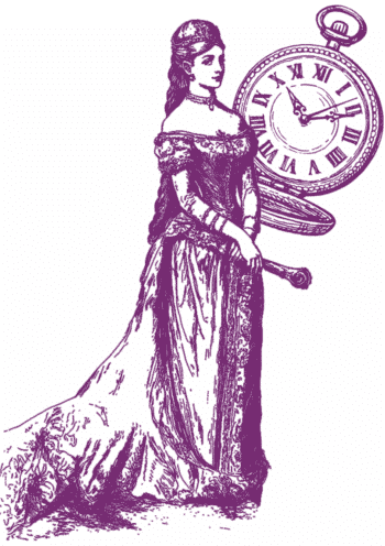 Eine violette Illustration einer Frau in einem langen, eleganten Kleid, die vor einer gro&szlig;en Vintage-Taschenuhr steht, die 11:10 Uhr anzeigt.