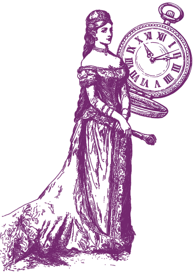 Illustrazione in viola di una donna in abito lungo ed elegante in piedi davanti a un grande orologio da tasca vintage con la scritta 11:10.