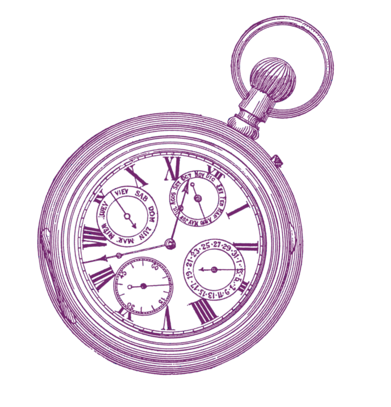 Illustrazione di un orologio da tasca d “epoca con quattro quadranti più piccoli all” interno, disegnati con linee viola; i numeri romani segnano le ore e un anello è fissato in alto.