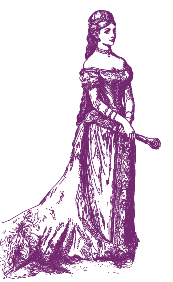 The purple silhouette of a woman in a long, flowing dress with an off-the-shoulder neckline, holding a fan, wearing a headdress and standing in a formal pose.