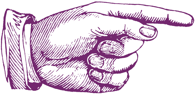 A vintage-style illustration of a right hand pointing to the right, drawn in purple with detailed shading and a visible cuff on the wrist.