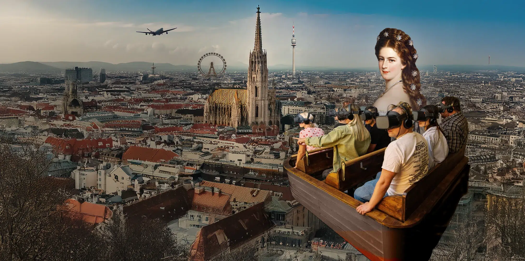 A group of people with VR headsets sit in a ride with a panoramic view of Vienna, which includes sights such as St. Stephen's Cathedral, a Ferris wheel, an airplane and a large portrait of Empress Elisabeth.