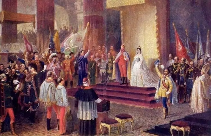 Ein historisches Gemälde einer kunstvollen königlichen Hofszene mit elegant gekleideten Figuren, die sich um einen Thron versammelt haben, auf dem ein edles Paar steht. Wachen, Beamte und Banner füllen den reich verzierten Saal.