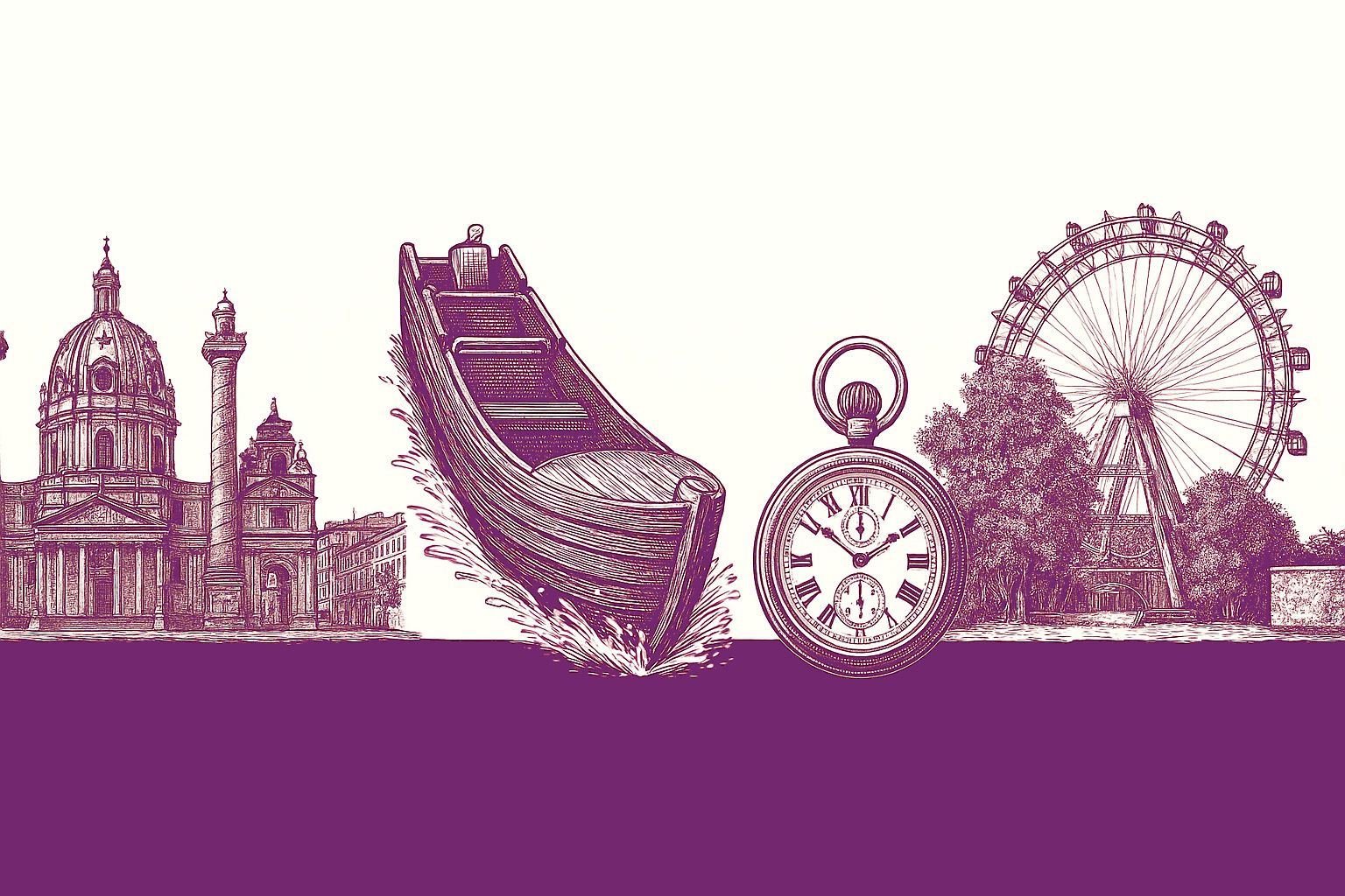 Ilustración de lugares emblemáticos de Viena: Karlskirche, un barco del Danubio, un reloj de bolsillo y la noria de Viena, todo ello en dibujo lineal vintage de color morado sobre fondo blanco y morado.