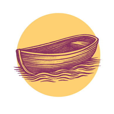 A simple illustration of a wooden rowing boat in purple, floating on stylized water, with a large yellow circle in the background.