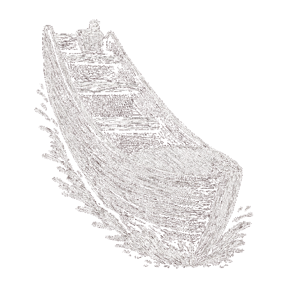 A white, hand-drawn illustration of a wooden rowing boat splashing through the water on a black background, viewed from the front, with planks, seats and a small box at the back.