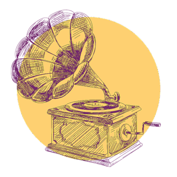 A hand-drawn illustration of a vintage gramophone with a large horn speaker and a hand crank against a yellow circular background.
