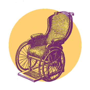An image of an old-fashioned wheelchair with large wheels and a high, contoured backrest, in purple on a yellow, circular background.