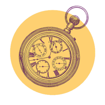 Illustration of a vintage pocket watch with several smaller dials and Roman numerals against a yellow, circular background.