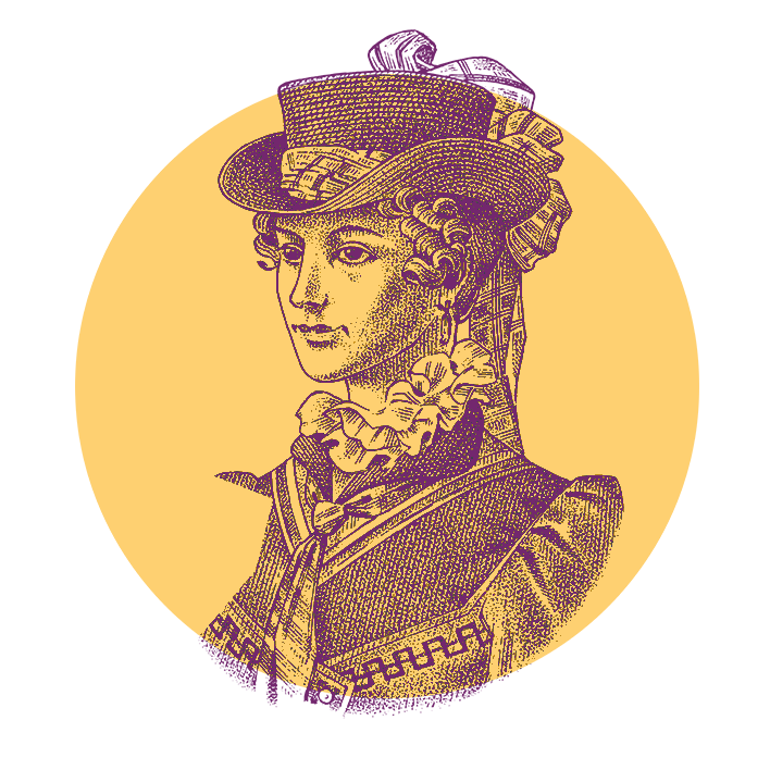 An illustrated vintage portrait of a woman wearing a detailed hat with ribbons and a high-necked ruffled dress, depicted in a dotted sepia style on a warm yellow background.