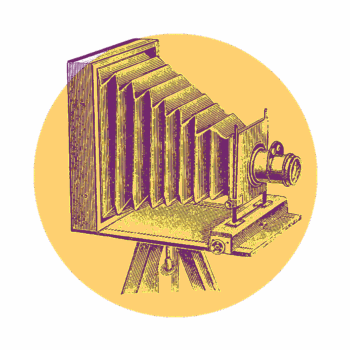 Illustration of a vintage box camera with a bellows lens on a tripod, drawn in detail and sketchy on a yellow background.