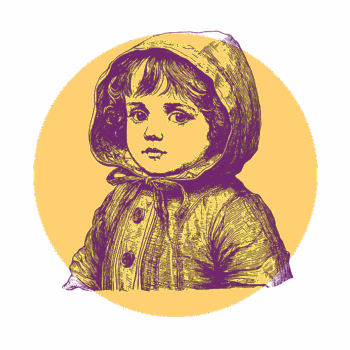 A vintage-style illustration of a small child wearing a hooded coat and looking forward with a neutral expression, against a yellow circular background.