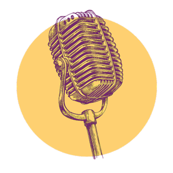 Image of a vintage-style microphone in shades of yellow and purple, positioned against a plain yellow circle background.