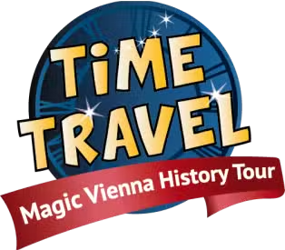 A blue dial with yellow letters that read “Time Travel”. “Magic Vienna History Tour” is written in white on a red band at the bottom. 
