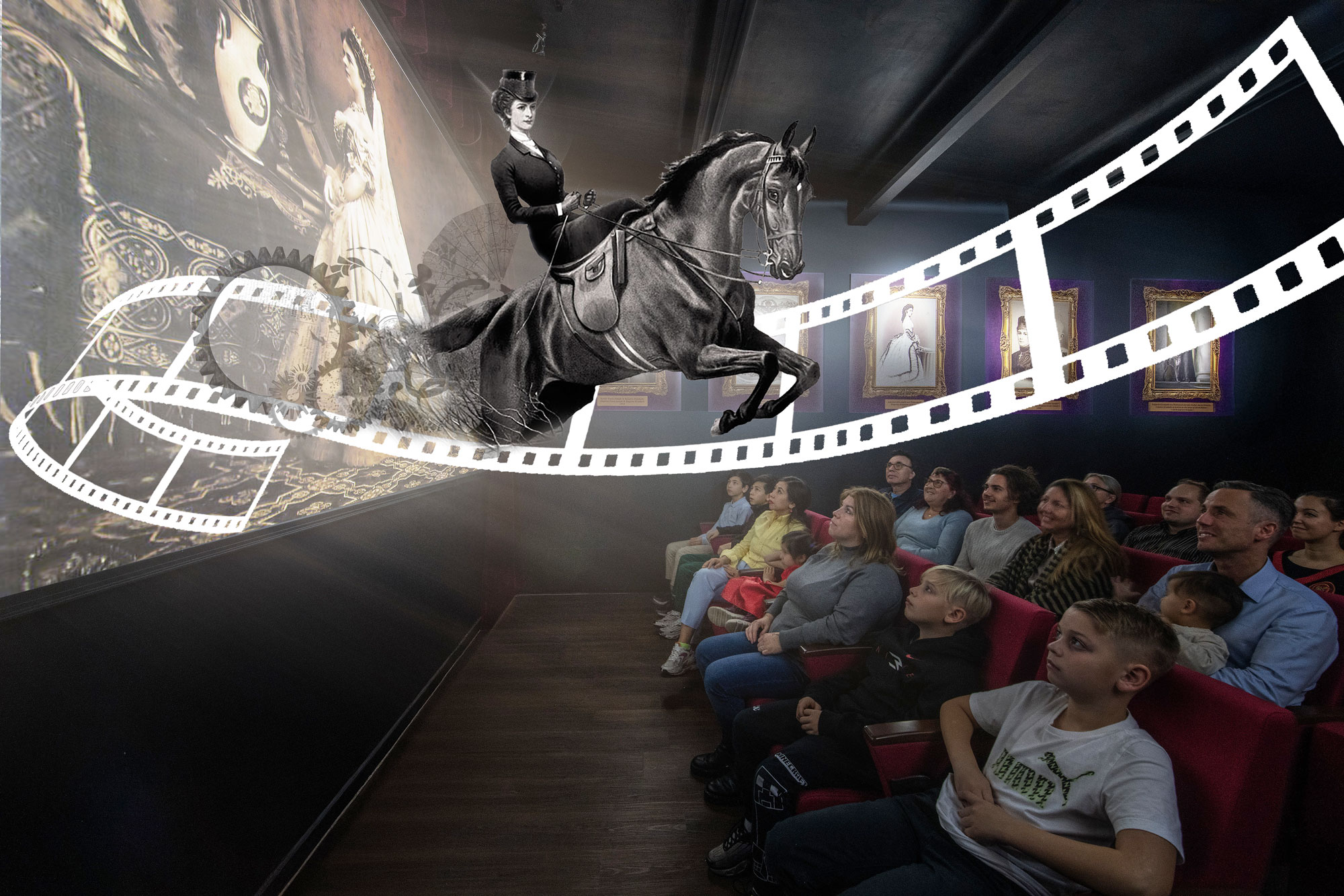 An audience in a movie theater watches as a filmstrip and a black and white image of a horse and rider dramatically jump out of the screen, mixing old movie scenes with modern viewers.
