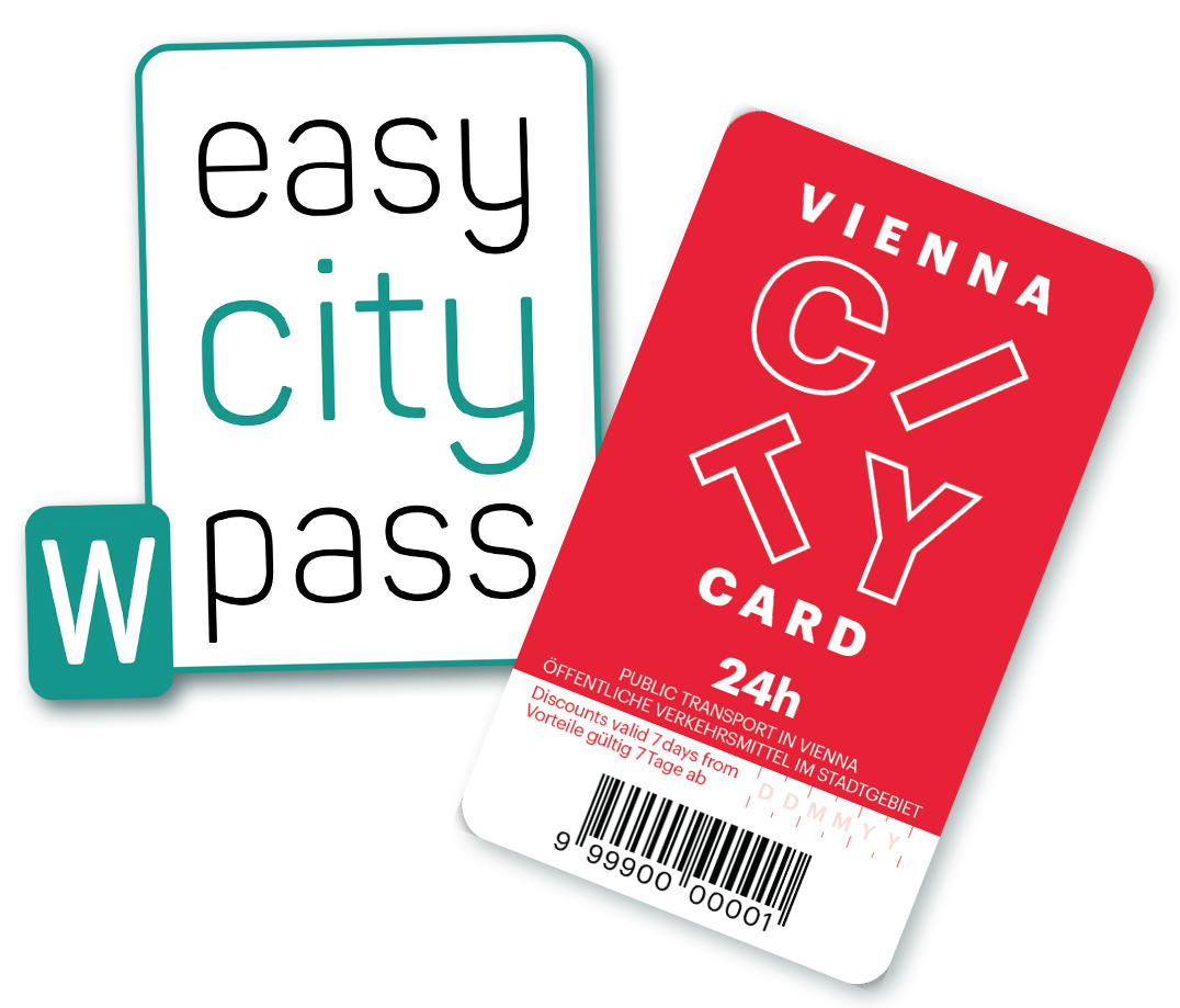 Se muestran dos tarjetas de transporte urbano: una Easy City Pass turquesa y blanca y una Vienna City Card roja con una validez de 24 horas. Ambas tarjetas están diseñadas para el transporte público local de Viena. 