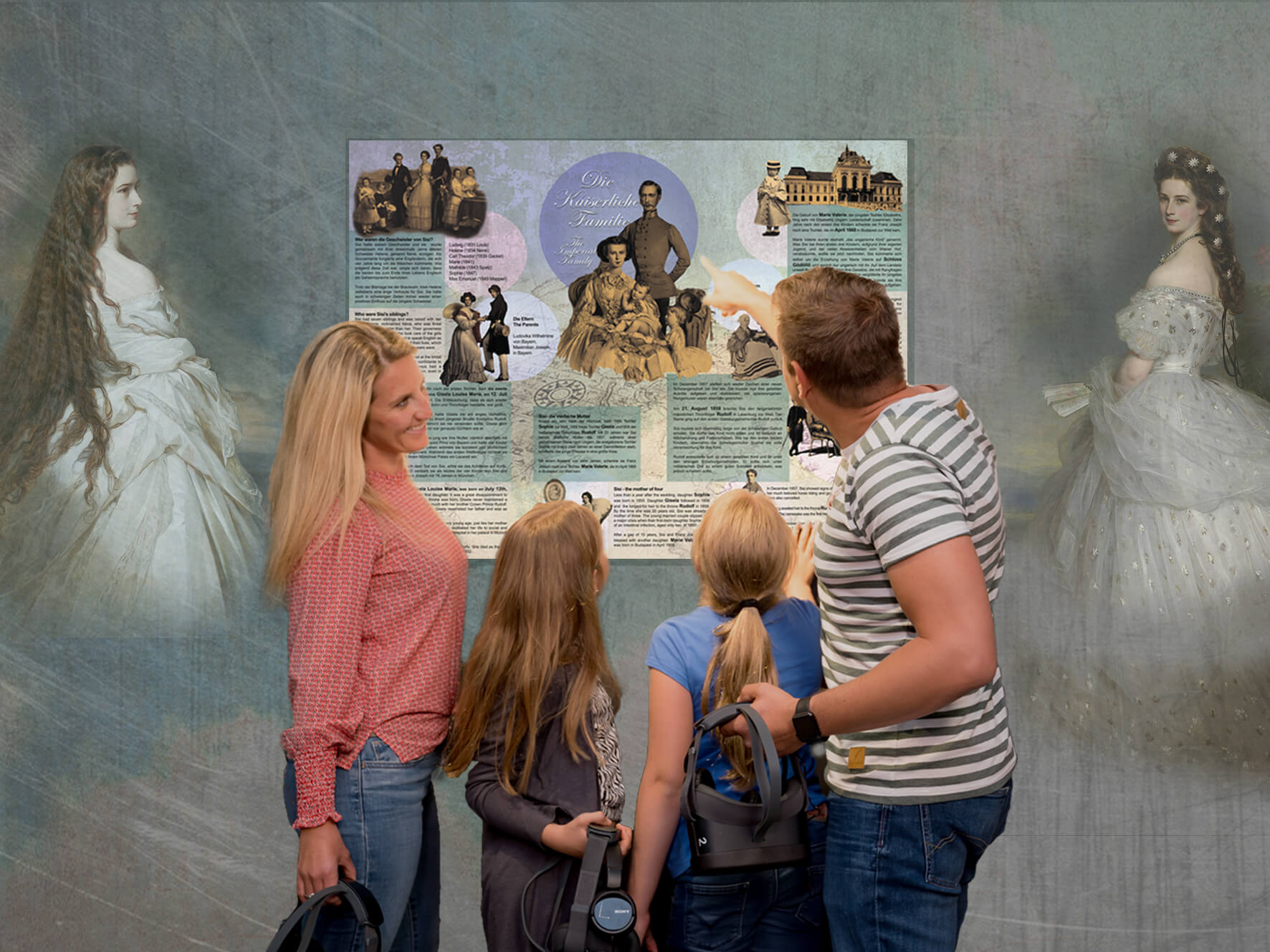 A family of four stands in front of an informative exhibition about historical figures while the father points to the blackboard. Two women in elegant 19th century dresses are faintly visible on the background wall. 