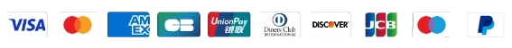 Los logotipos de los métodos de pago más importantes, como Visa, Mastercard, American Express, Carte Bancaire, UnionPay, Diners Club, Discover, JCB, Maestro y PayPal, aparecen en fila sobre fondo negro.
