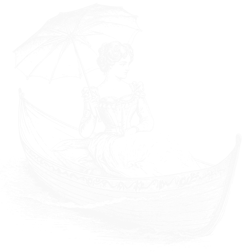 Illustration einer Frau im viktorianischen Stil, die in einem kleinen Ruderboot sitzt und einen offenen Sonnenschirm in der Hand hält, wobei das Wasser hinter dem Boot kräuselt.