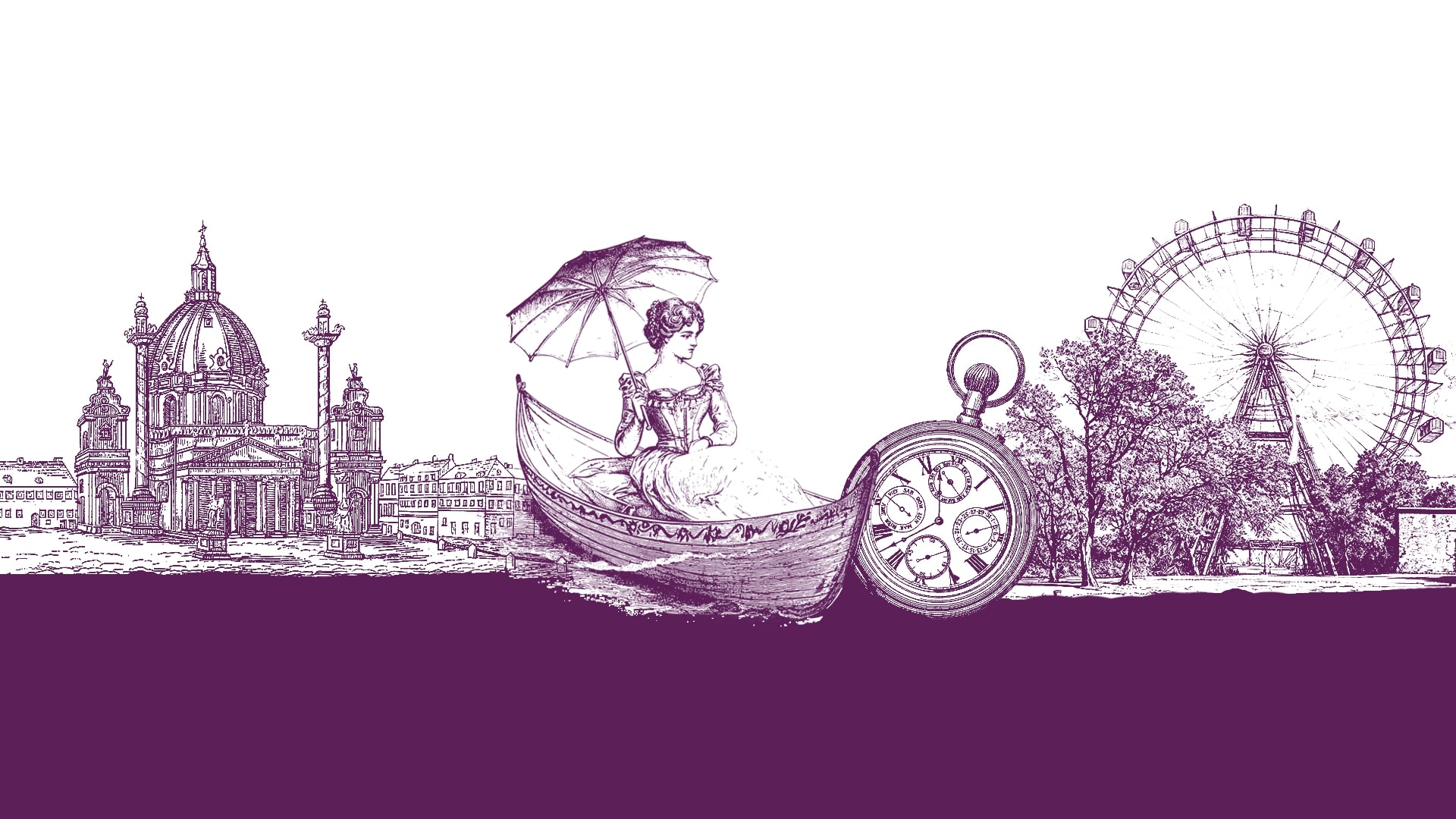 Eine Illustration im Vintage-Stil mit einer Kathedrale, einer Frau in einem viktorianischen Kleid, die einen Regenschirm hält und in einer Gondel sitzt, einer Taschenuhr und einem Riesenrad, alles in Lila auf weißem Hintergrund.