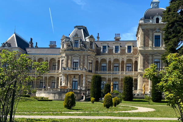 Ein großes Gebäude mit einer Rasenfläche und Bäumen.